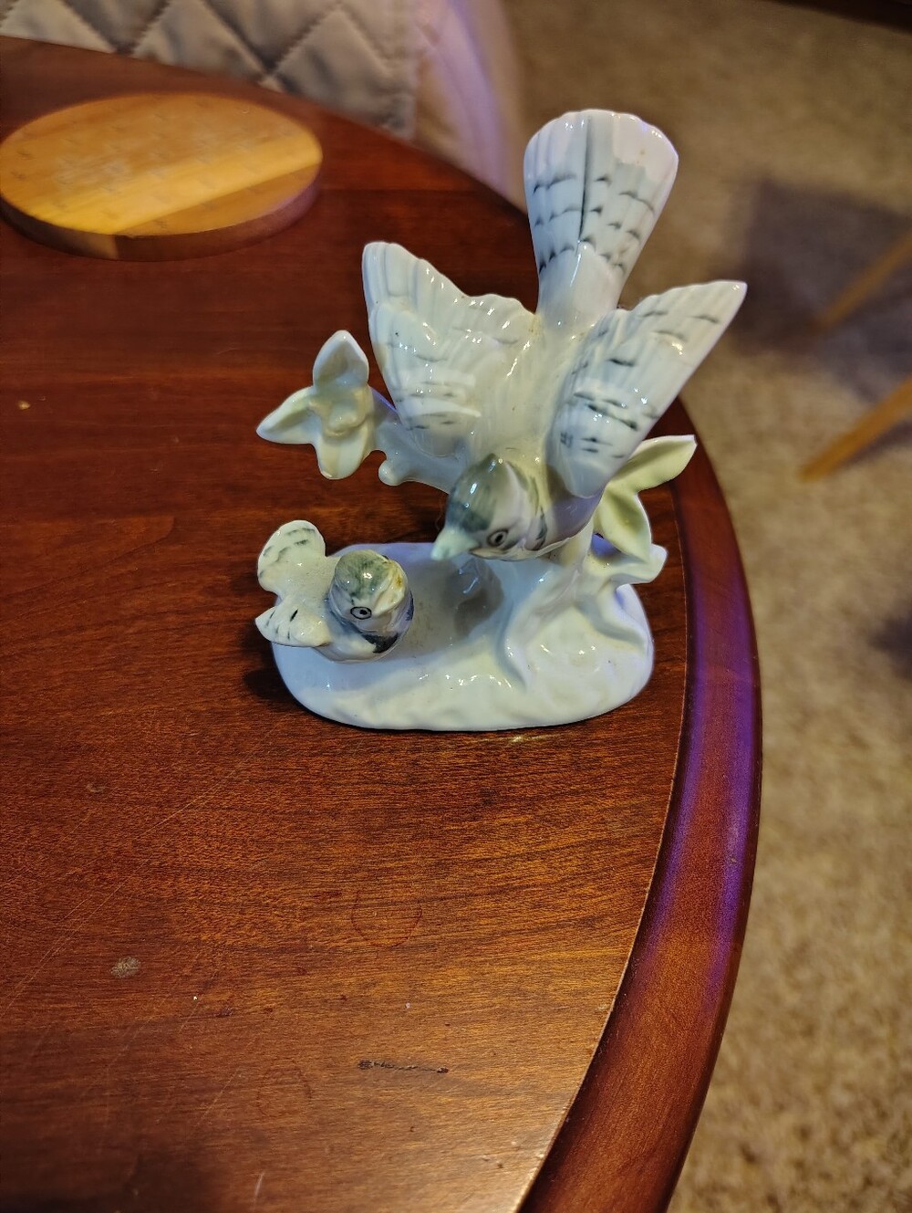 Vintage Japan Blue Jay And Baby Ceramic Bird Figurine in Pale Green -
